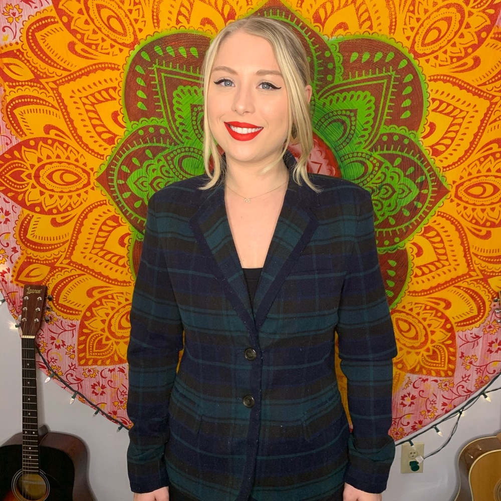 Merona Women's Plaid Blazer - Navy and Forest Green